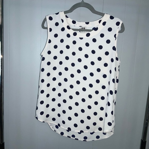Anne Klein sleeveless polka dot top Sz L navy blue cream - Picture 1 of 4